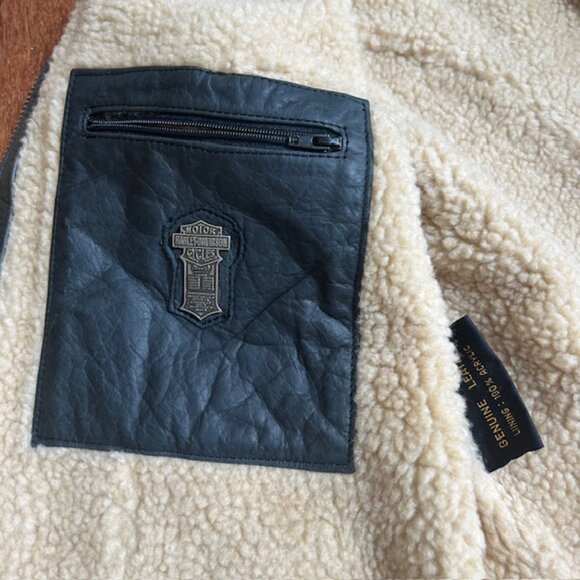 Harley Davidson Black Leather biker zip-up sherpa vest - Picture 4 of 5